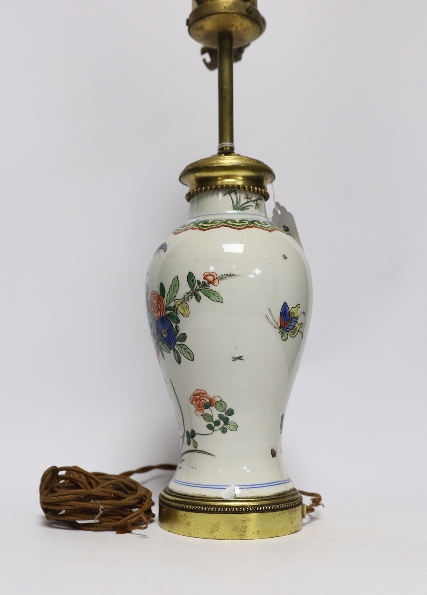 A Samson Chinese style famille verte and ormolu mounted lamp, 48cm high including light fitting
